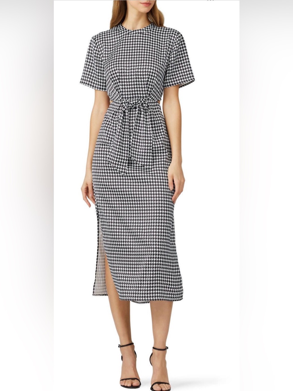 C/MEO Collective Black and White Houndstooth Tie-Waist Midi Dress